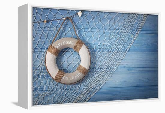 Life Buoy Decoration on Blue Shabby Background-egal-Framed Premier Image Canvas