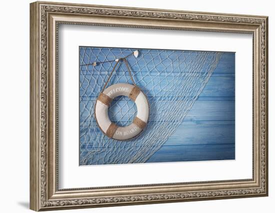 Life Buoy Decoration on Blue Shabby Background-egal-Framed Photographic Print