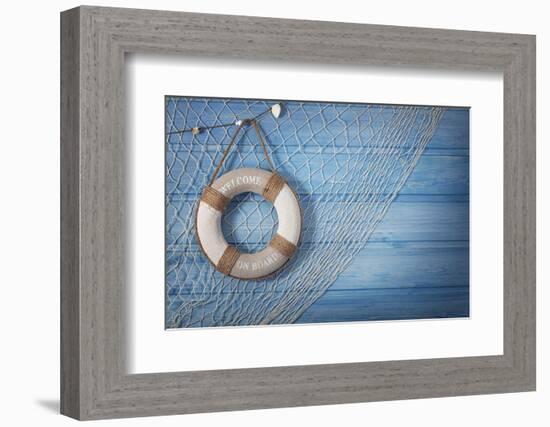 Life Buoy Decoration on Blue Shabby Background-egal-Framed Photographic Print