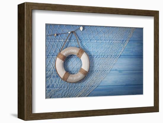 Life Buoy Decoration on Blue Shabby Background-egal-Framed Photographic Print