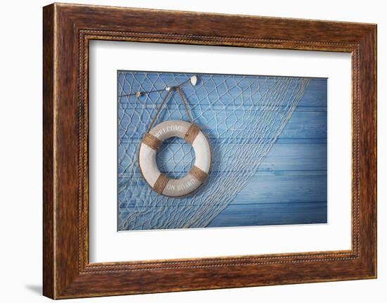 Life Buoy Decoration on Blue Shabby Background-egal-Framed Photographic Print