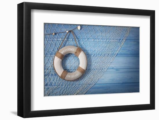 Life Buoy Decoration on Blue Shabby Background-egal-Framed Photographic Print