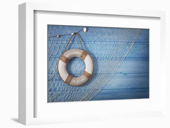 Life Buoy Decoration on Blue Shabby Background-egal-Framed Photographic Print