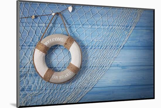 Life Buoy Decoration on Blue Shabby Background-egal-Mounted Photographic Print