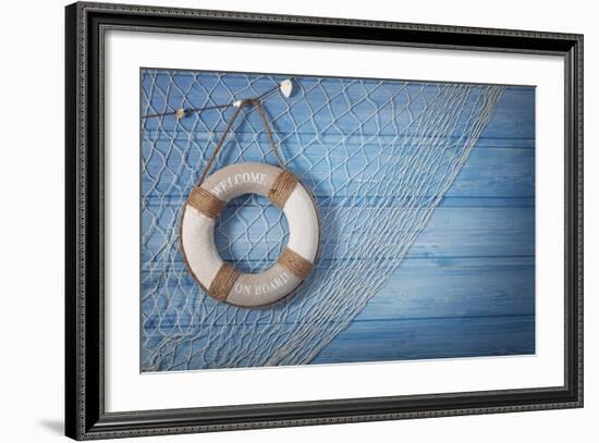 Life Buoy Decoration on Blue Shabby Background-egal-Framed Photographic Print