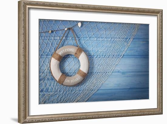 Life Buoy Decoration on Blue Shabby Background-egal-Framed Photographic Print