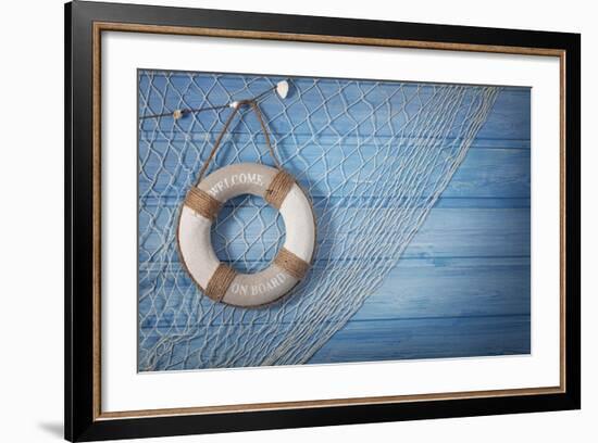 Life Buoy Decoration on Blue Shabby Background-egal-Framed Photographic Print