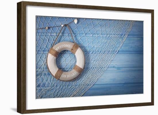 Life Buoy Decoration on Blue Shabby Background-egal-Framed Photographic Print