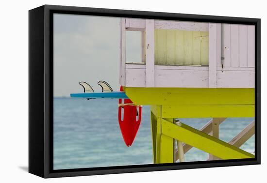 Life Guard Shack in South Beach, Florida with Surfboard and Float-Sergio Ballivian-Framed Premier Image Canvas