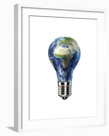 Light Bulb with Planet Earth Inside Glass, Africa and Europe View-null-Framed Art Print