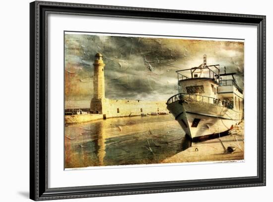 Light House In Rethimno Harbor - Artwork In Retro Style-Maugli-l-Framed Art Print