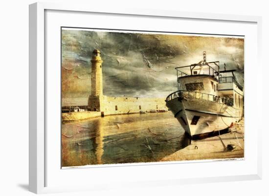 Light House In Rethimno Harbor - Artwork In Retro Style-Maugli-l-Framed Art Print