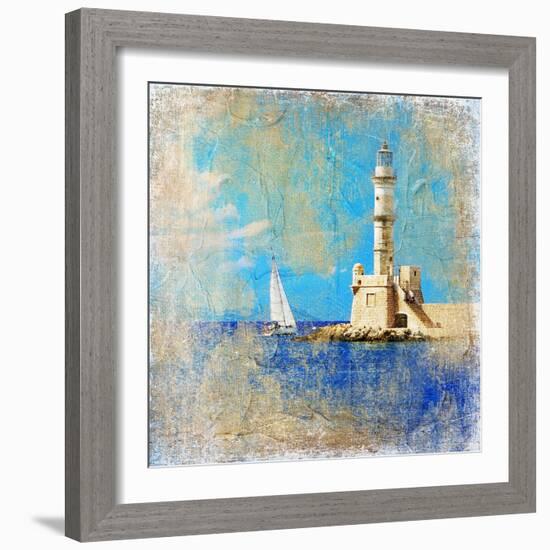 Light House With Yacht- Artistic Painting Style Picture-Maugli-l-Framed Art Print