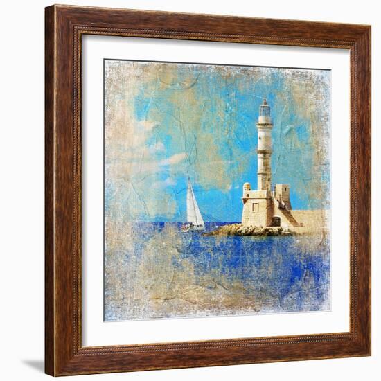 Light House With Yacht- Artistic Painting Style Picture-Maugli-l-Framed Art Print