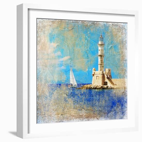 Light House With Yacht- Artistic Painting Style Picture-Maugli-l-Framed Art Print