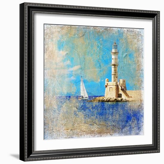 Light House With Yacht- Artistic Painting Style Picture-Maugli-l-Framed Art Print