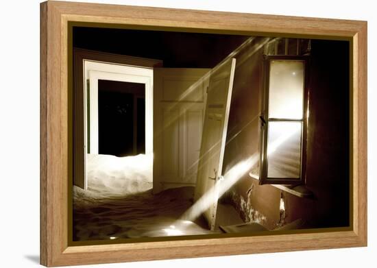 Light Streaming Through Window on Sand Covered House in Kolmanskop Ghost Town-Enrique Lopez-Tapia-Framed Premier Image Canvas