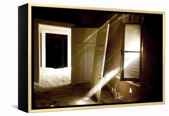 Light Streaming Through Window on Sand Covered House in Kolmanskop Ghost Town-Enrique Lopez-Tapia-Framed Premier Image Canvas