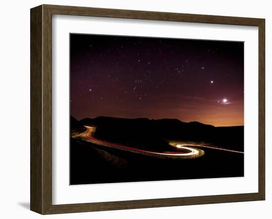 Light Trails and Stars Cape with Venus, Jupiter, Orion and Moon, Peak District Nat'l Park, England-Ian Egner-Framed Photographic Print
