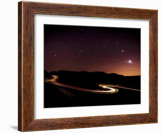 Light Trails and Stars Cape with Venus, Jupiter, Orion and Moon, Peak District Nat'l Park, England-Ian Egner-Framed Photographic Print