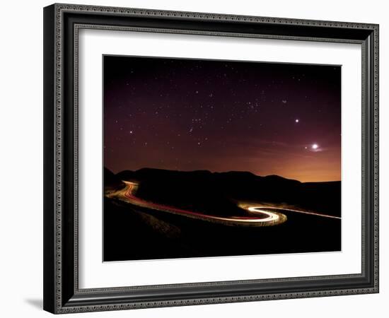 Light Trails and Stars Cape with Venus, Jupiter, Orion and Moon, Peak District Nat'l Park, England-Ian Egner-Framed Photographic Print