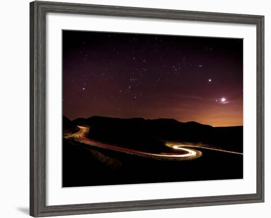 Light Trails and Stars Cape with Venus, Jupiter, Orion and Moon, Peak District Nat'l Park, England-Ian Egner-Framed Photographic Print