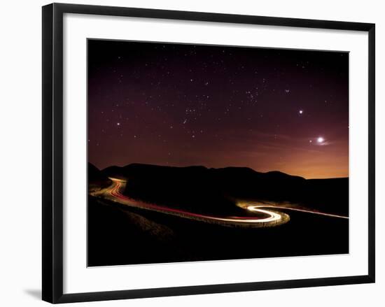 Light Trails and Stars Cape with Venus, Jupiter, Orion and Moon, Peak District Nat'l Park, England-Ian Egner-Framed Photographic Print