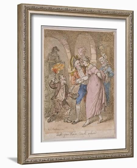 Light Your Honor Coach Unhired, Scene at Covent Garden Piazza,Cries of London, 1811-Thomas Rowlandson-Framed Giclee Print