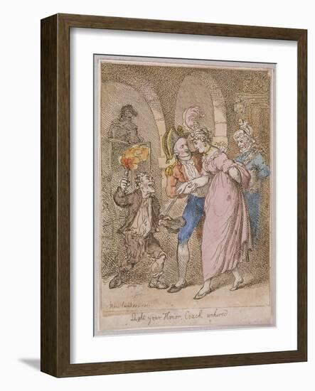 Light Your Honor Coach Unhired, Scene at Covent Garden Piazza,Cries of London, 1811-Thomas Rowlandson-Framed Giclee Print