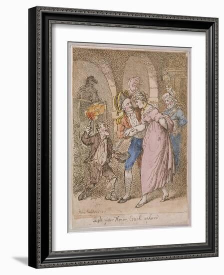 Light Your Honor Coach Unhired, Scene at Covent Garden Piazza,Cries of London, 1811-Thomas Rowlandson-Framed Giclee Print