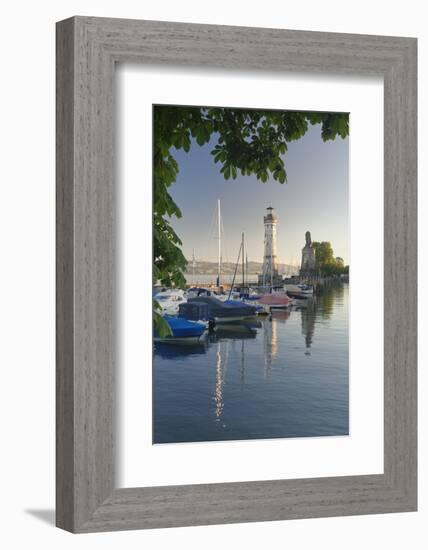 Lighthouse and Bavarian Lion at the port at sunset, Lindau, Lake Constance, Bavaria, Germany, Europ-Markus Lange-Framed Photographic Print