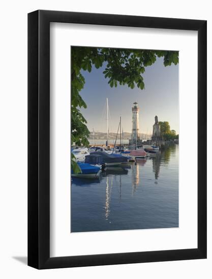 Lighthouse and Bavarian Lion at the port at sunset, Lindau, Lake Constance, Bavaria, Germany, Europ-Markus Lange-Framed Photographic Print