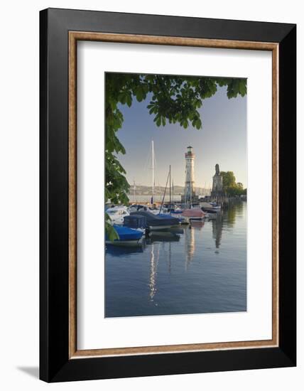 Lighthouse and Bavarian Lion at the port at sunset, Lindau, Lake Constance, Bavaria, Germany, Europ-Markus Lange-Framed Photographic Print