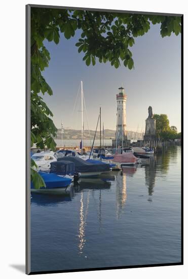 Lighthouse and Bavarian Lion at the port at sunset, Lindau, Lake Constance, Bavaria, Germany, Europ-Markus Lange-Mounted Photographic Print