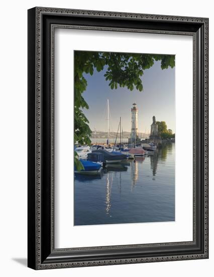 Lighthouse and Bavarian Lion at the port at sunset, Lindau, Lake Constance, Bavaria, Germany, Europ-Markus Lange-Framed Photographic Print