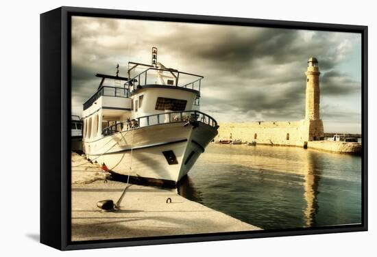 Lighthouse and Boat in Old Port of Rethimno- Artistic Toned Picture-Maugli-l-Framed Stretched Canvas