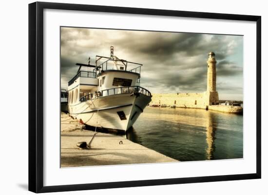 Lighthouse and Boat in Old Port of Rethimno- Artistic Toned Picture-Maugli-l-Framed Art Print