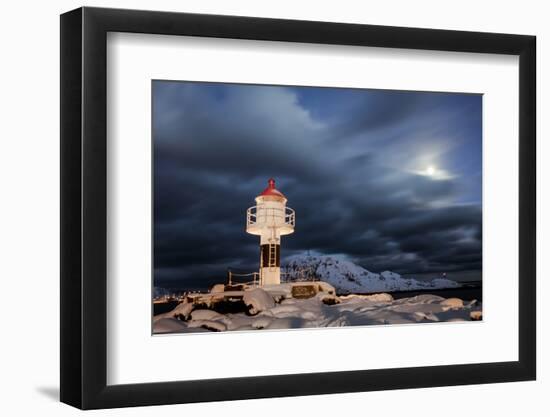 Lighthouse and Full Moon in the Arctic Night with the Village of Reine in the Background, Nordland-Roberto Moiola-Framed Photographic Print