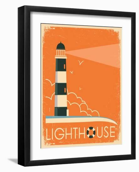 Lighthouse and Sky on Old Poster Texture.Vector Vintage Illustration-Tancha-Framed Art Print