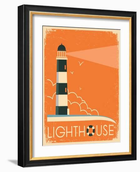 Lighthouse and Sky on Old Poster Texture.Vector Vintage Illustration-Tancha-Framed Art Print