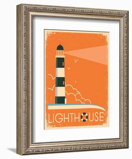 Lighthouse and Sky on Old Poster Texture.Vector Vintage Illustration-Tancha-Framed Art Print