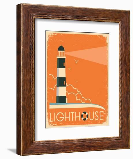 Lighthouse and Sky on Old Poster Texture.Vector Vintage Illustration-Tancha-Framed Art Print