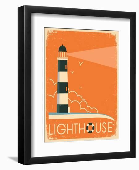 Lighthouse and Sky on Old Poster Texture.Vector Vintage Illustration-Tancha-Framed Art Print