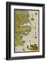 Lighthouse and Town Map - Outer Banks, North Carolina-Lantern Press-Framed Art Print