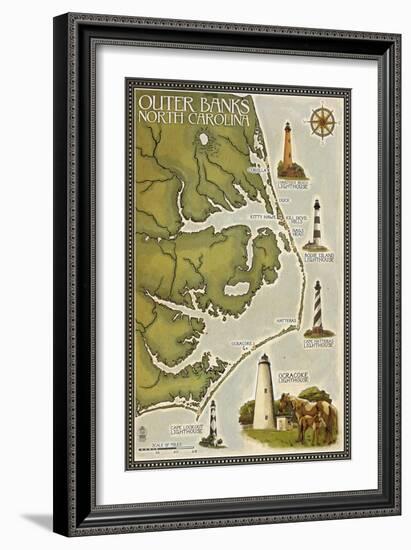 Lighthouse and Town Map - Outer Banks, North Carolina-Lantern Press-Framed Art Print