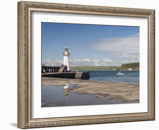 Lighthouse at Entrance to Outer Harbour, Motor Yacht Entering, Whitehaven, Cumbria, England, UK-James Emmerson-Framed Photographic Print