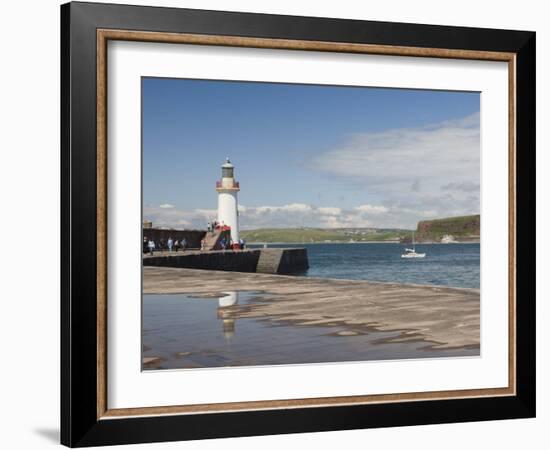 Lighthouse at Entrance to Outer Harbour, Motor Yacht Entering, Whitehaven, Cumbria, England, UK-James Emmerson-Framed Photographic Print