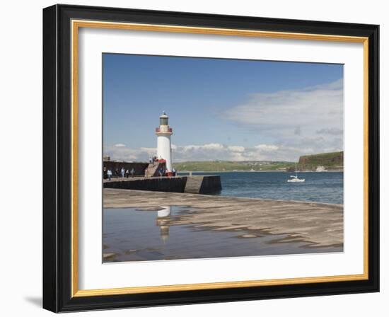 Lighthouse at Entrance to Outer Harbour, Motor Yacht Entering, Whitehaven, Cumbria, England, UK-James Emmerson-Framed Photographic Print