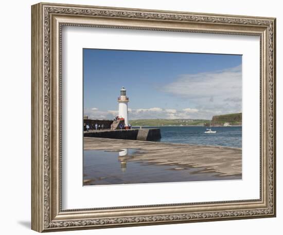 Lighthouse at Entrance to Outer Harbour, Motor Yacht Entering, Whitehaven, Cumbria, England, UK-James Emmerson-Framed Photographic Print