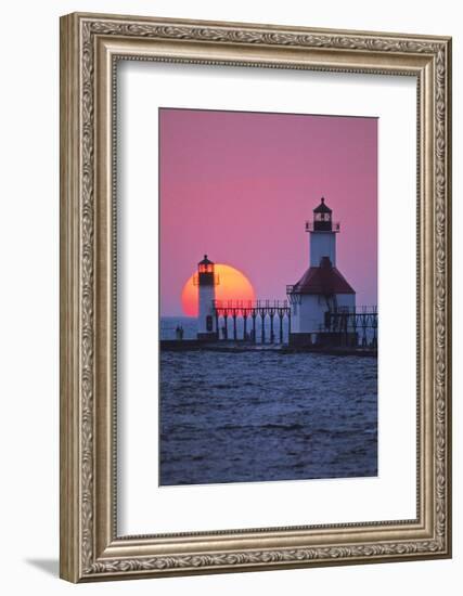 Lighthouse at sunset, St. Joseph, Michigan, USA-null-Framed Photographic Print